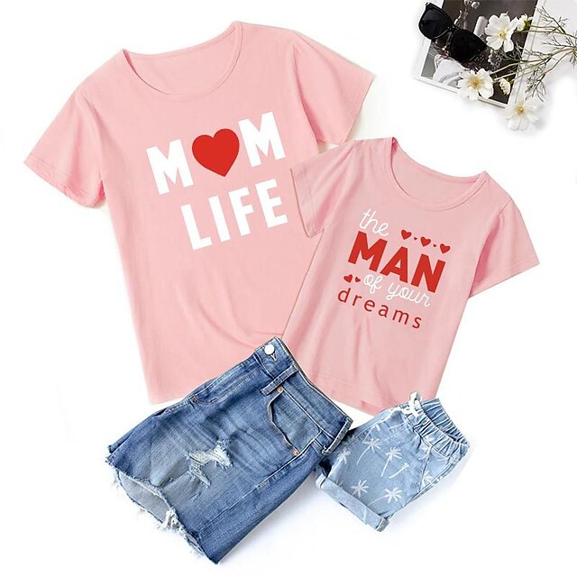 Baby & Kids Matching Outfits | Mommy and Me T shirt Tops Heart Letter Daily Print Black Pink Wine Short Sleeve Basic Matching Ou