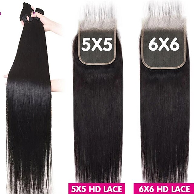 Beauty & Hair Wigs & Hair Pieces | Straight Human Hair Bundles With Lace Closure Brazilian Straight Hair Bundles With 5x5 Closur