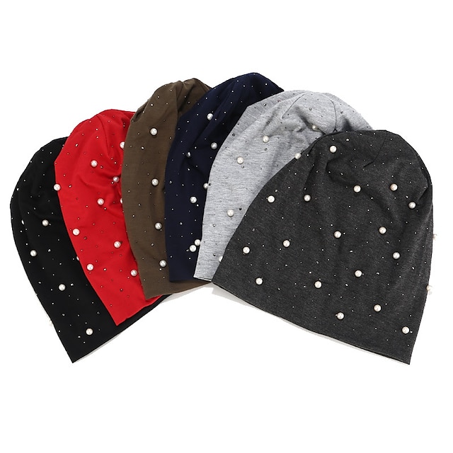 Shoes & Bags Fashion Accessories | Soft Cotton Autumn Spring Beanie Hats Women Girls Pearl Rhinestones Warm Skullies Caps Turban