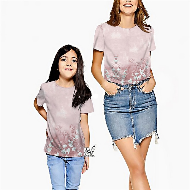 Baby & Kids Matching Outfits | Mommy and Me T shirt Tops Floral Street Print Blue Pink Short Sleeve Active Matching Outfits - BF