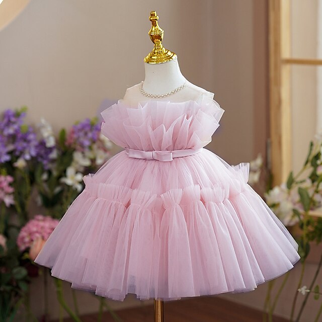  Kids Little Girls' Dress Solid Colored Party Performance A Line Dress Mesh Bow Pink Asymmetrical Tulle Cotton Sleeveless Princess Sweet Dresses Spring Summer Regular Fit 3-12 Years