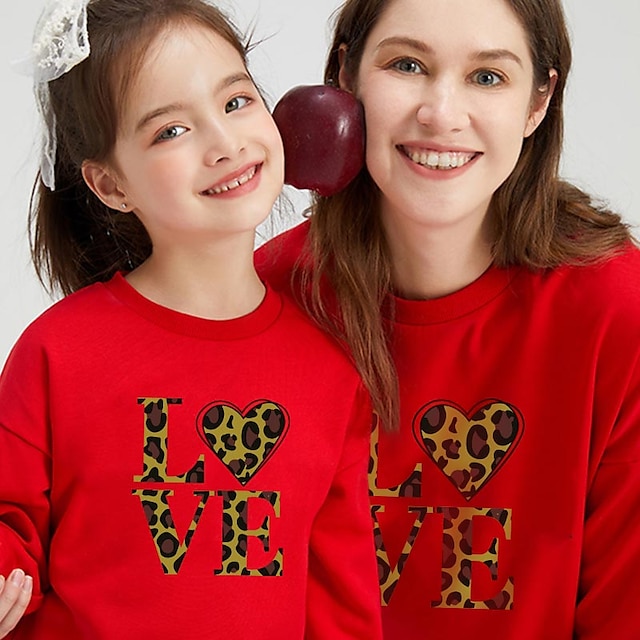 Baby & Kids Matching Outfits | Mommy and Me Tops Heart Leopard Letter Daily Print Red Long Sleeve Basic Essential Matching Outfi