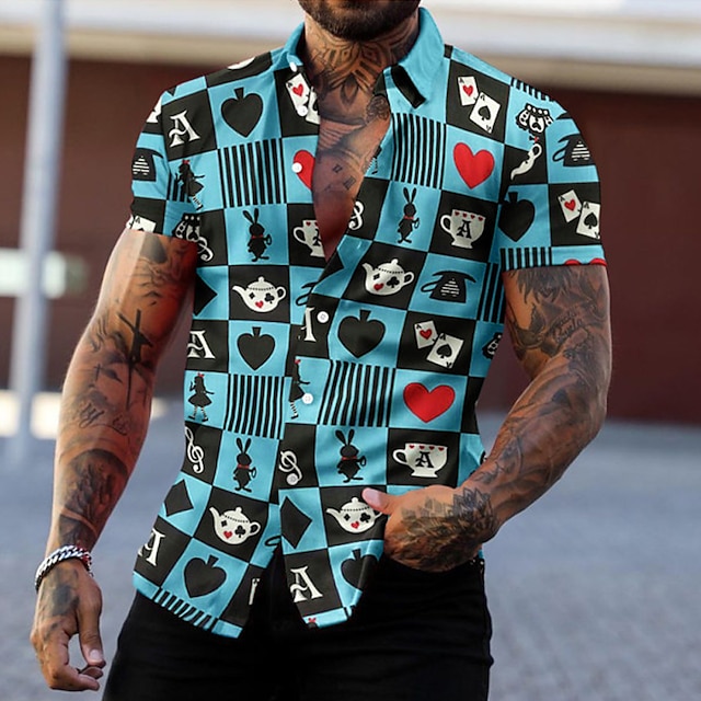  Herr Skjorta Grafisk skjorta Poker Nedvikt Blågrön Tryck Gata Dagligen Kortärmad Mönster Button-Down Kläder Mode Designer Ledigt Andningsfunktion