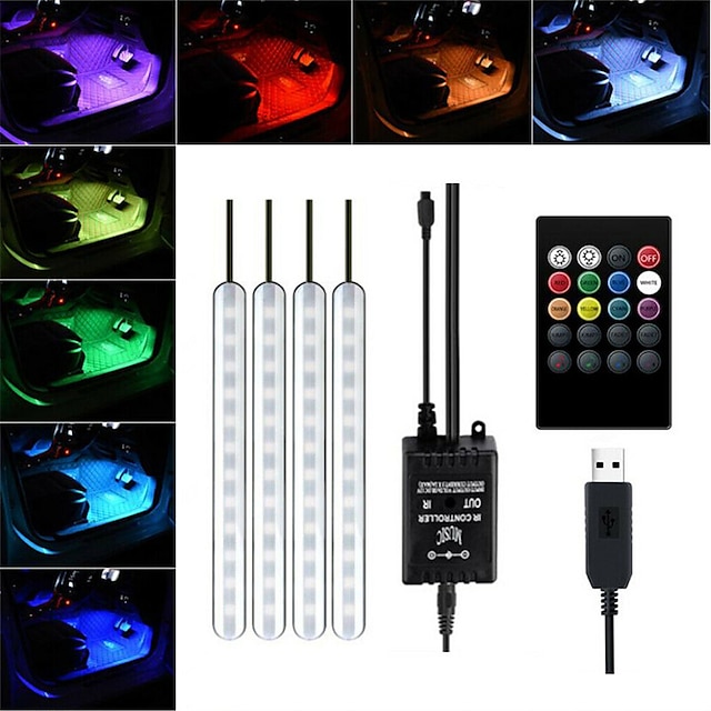  4-in-1 Car LED Strip Lights with Remote Control RGB Colorful Car Interior Foot Lamp Atmosphere Lights