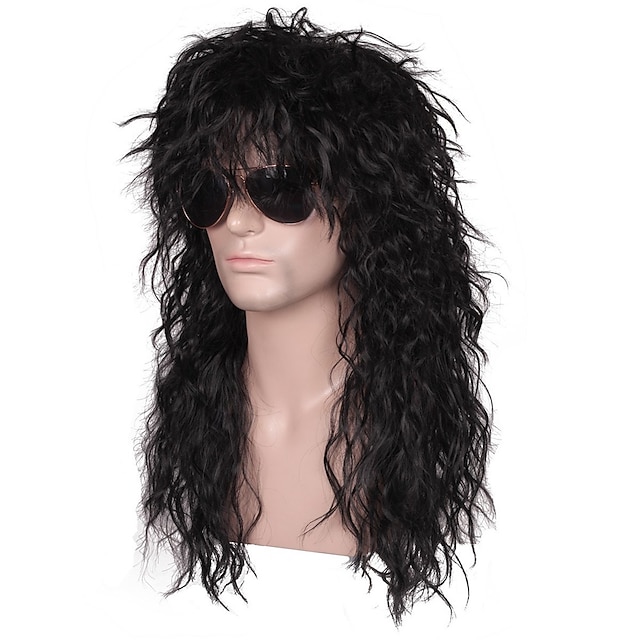  peruca de fantasia de halloween masculina engraçada dos anos 70 anos 80 peruca longa de roqueiro preto encaracolado