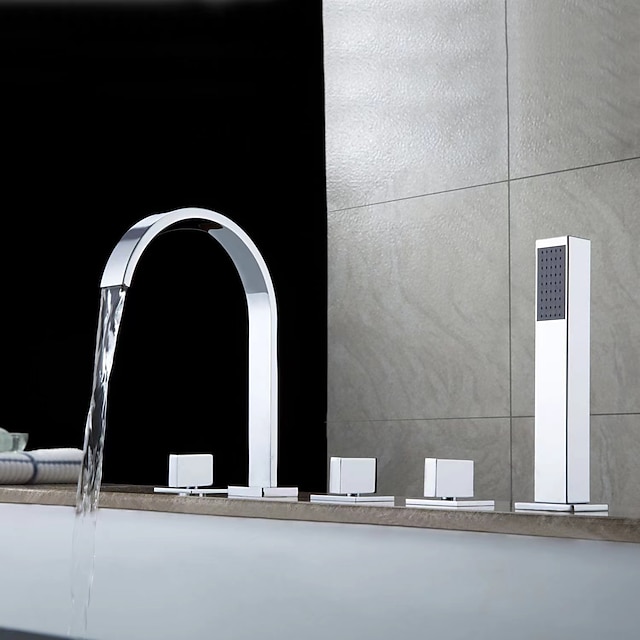  浴槽の蛇口多穴デッキ、Holdhand シャワーハンド、浴槽フィラーミキサー真鍮タップ 5 穴 3 ハンドルクロームで取り付けられています。