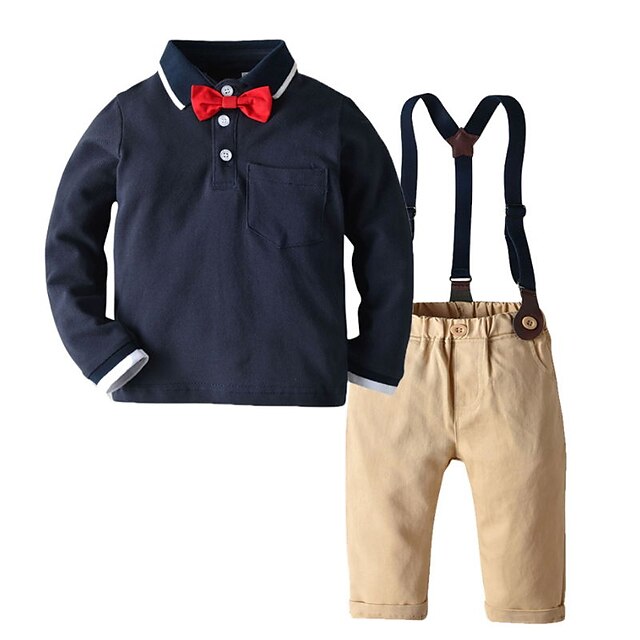 Baby & Kids Boys Clothing | Kids Boys Shirt & Pants Clothing Set 2 Pieces Long Sleeve White Navy Blue Color Block Street Outdoor