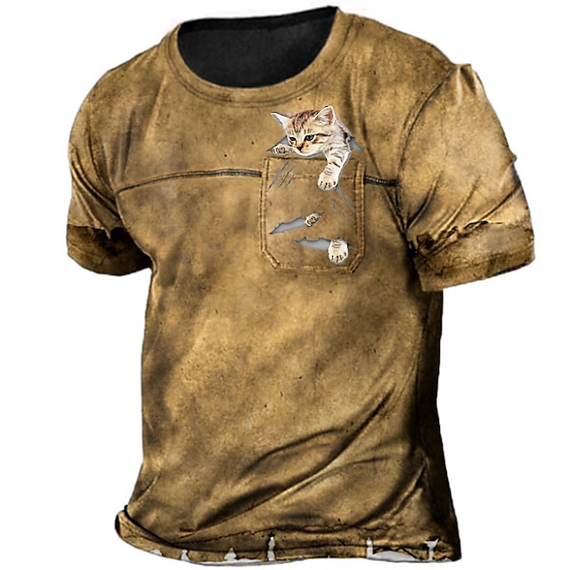  男性用 Tシャツ グラフィックTシャツ ダメージ加工されたTシャツ 動物 猫 クルーネック ブラック ホワイト ネービーブルー パープル ブラウン 3Dプリント プラスサイズ アウトドア 日常 半袖 プリント 衣類 デザイナー ヴィンテージ ベーシック カジュアル