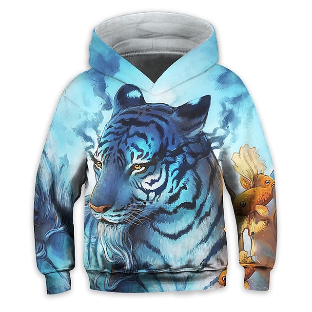 Baby & Kids Boys Clothing | Kids Boys Hoodie Long Sleeve 3D Print Tiger Animal Pocket Blue Children Tops Fall Spring Active Fash