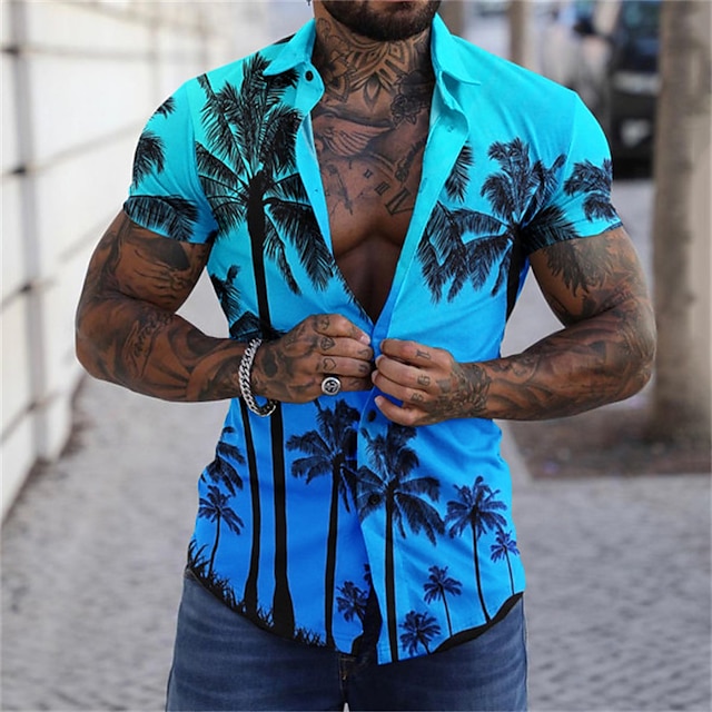  Herre Skjorte Grafisk skjorte Aloha skjorte Grafisk Træ Aftæpning Havblå Gul Lilla Grøn 3D-udskrivning Gade Daglig Kortærmet 3D Knap ned Tøj Mode Designer Afslappet Åndbart