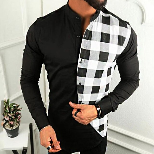 Mens Clothing Mens Shirts | Mens Shirt Check Stand Collar Street Daily Button-Down Long Sleeve Tops Casual Fashion Comfortable B