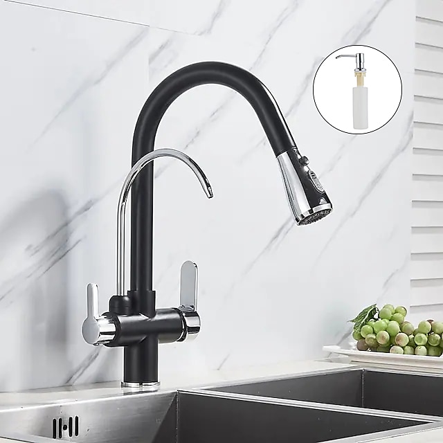 Kitchen Sink Mixer Faucet Pull Out Sprayer with Soap Dispenser, 360