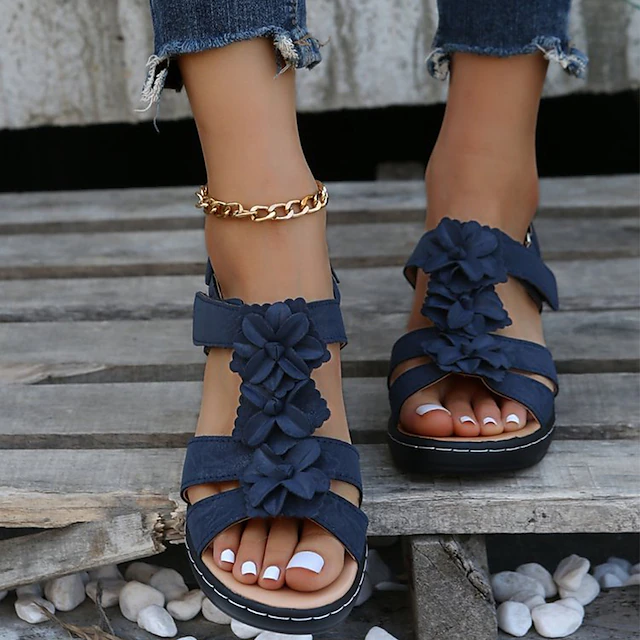 Women's Navy Blue Floral Sandals - Stylish Flat Shoes with Flower Accents for Casual Summer Wear 10