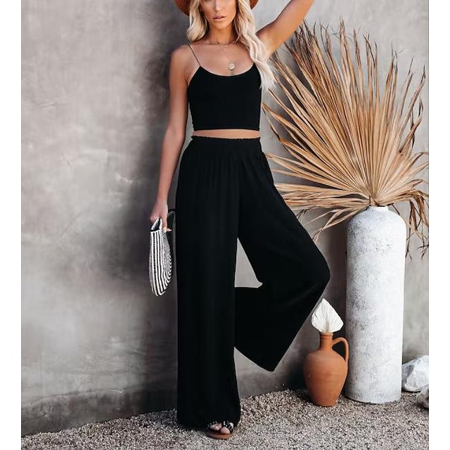 Womens Culottes Wide Leg Wide Leg Faux Linen Baggy Solid Color Mid Waist Full Length Black 2024 