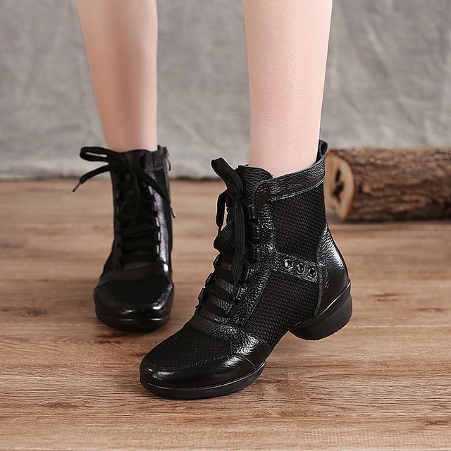  Women's Dance Boots Performance Square Dance Fashion Split Sole Mesh Thick Heel Round Toe Lace-up Adults' Mesh leather