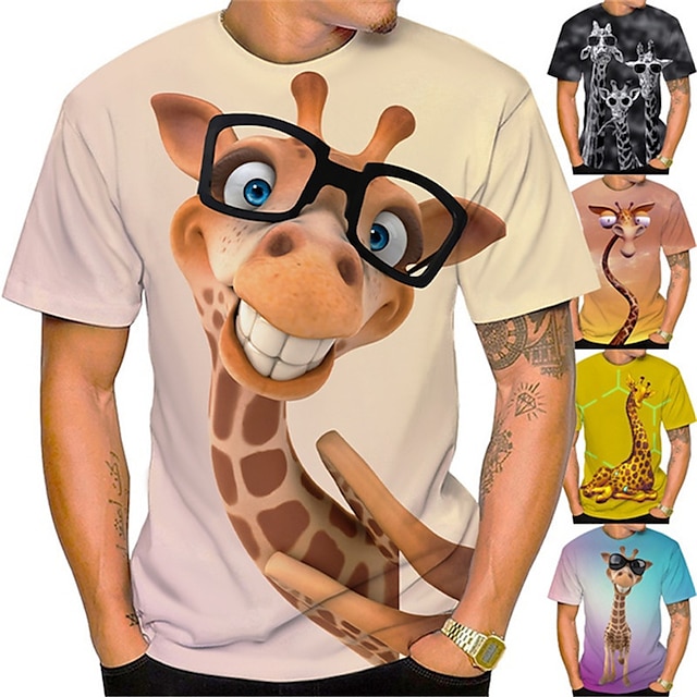  Giraffe Cartoon Mens 3D Shirt For Birthday | Brown Summer Cotton | Men'S Unisex Tee Funny Shirts Animal Graphic Prints Crew Neck Orange 3D Outdoor Street Short Sleeve Clothing
