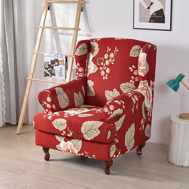 1 Set of 2 Pieces Stretch Wingback Chair Cover Floral Printed Wing ...