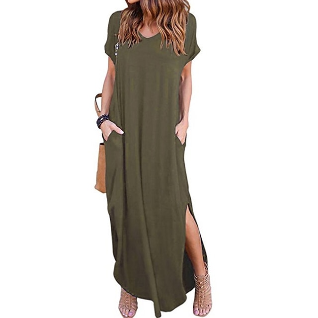  naisten t-paita mekko t-mekko pitkä mekko maxi mekko viininpunainen vihreä musta lyhythihainen puhdas väri tasku kevät kesä v kaula s m l xl 2xl 3xl 4xl 5xl
