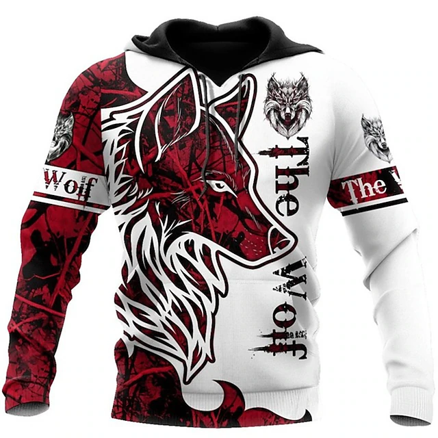 Men's Wolf Graphic Prints Hoodie Hoodies Sweatshirt Streetwear Basic Long Sleeve Hooded Sports & Outdoor Daily Sports Red Print Spring & Fall Designer2