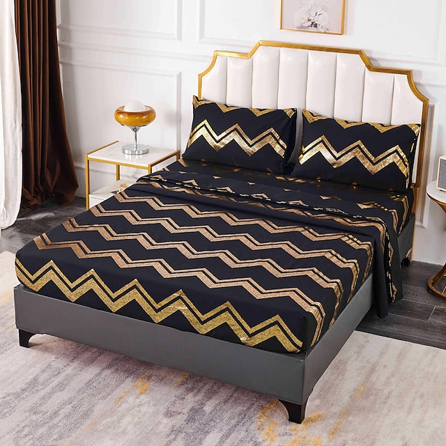  Premium Hotel Quality 1-Piece Fitted Sheet,Wave Pattern Hot Stamping Soft Microfiber High Quality Bedding Fitted,Pocket up to 14inch/35cm, Wrinkle and Fade Resistant