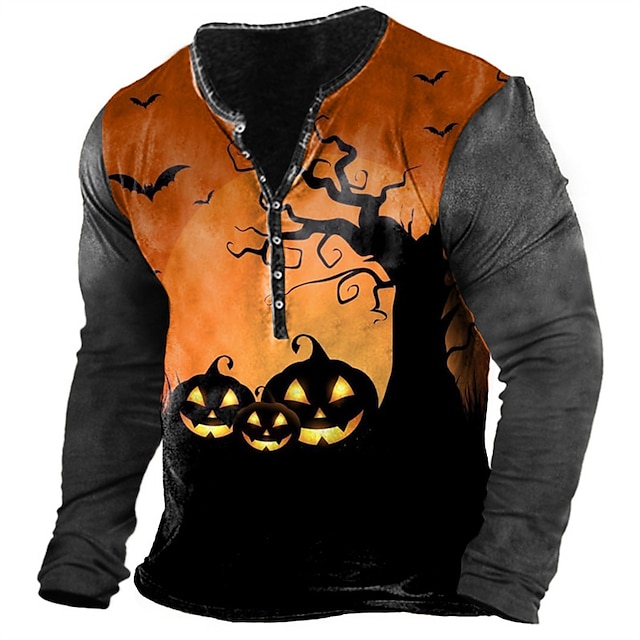  Herren T Shirt Henley Shirt Kürbis Henley Orange 3D-Druck Übergröße Outdoor Halloween Langarm Button-Down Bedruckt Bekleidung Basic Designer Klassisch Komfortabel / Sport