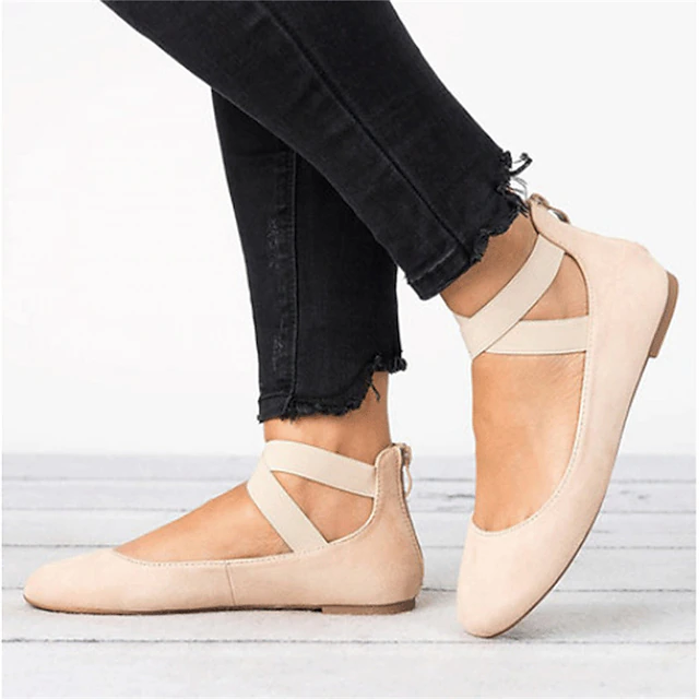 Women's Beige Faux Suede Ballet Flats with Cross Elastic Straps and Zipper Back, Comfortable Casual Shoes for Work, Travel and Everyday Outfits 5
