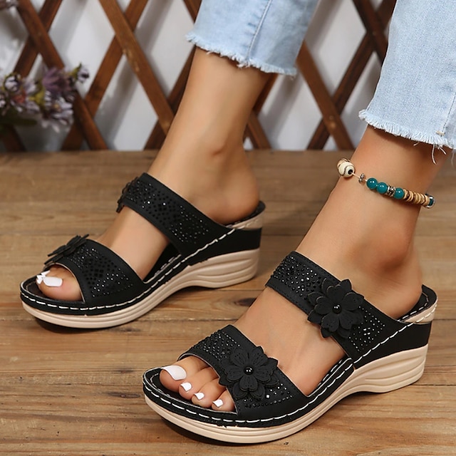  Dames Sandalen Boho Sandalen met sleehak Grote maten Buiten Dagelijks Strand Effen Kleur Effen Zomer Bloem Sleehak Ronde Teen Open teen Casual minimalisme Wandelen PU Leder Imitatieleer Leegloper