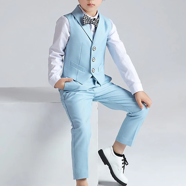 Boys 3D Solid Color Shirt & Pants Clothing Set Long Sleeve Fall Winter Gentle Preppy Style Cotton Kids 3-13 Years School Vacation Regular Fit 13