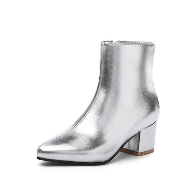  Women's Boots Metallic Boots Heel Boots Daily Solid Colored Booties Ankle Boots Winter Chunky Heel Pointed Toe Classic PU Leather Zipper Silver Black Gold