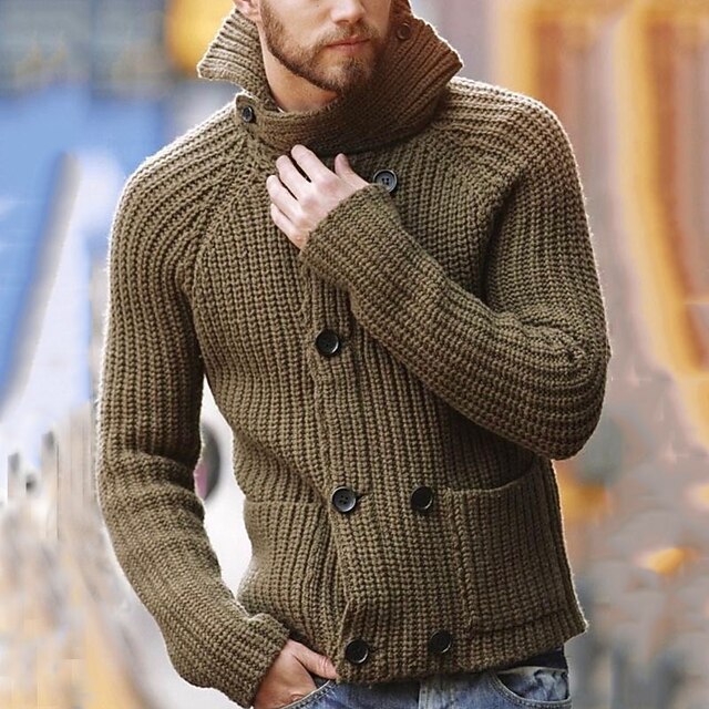 Men's Sweater Cardigan Sweater Turtleneck Sweater Crochet Knit Button Knitted Solid Color Stand Collar Basic Casual Daily Holiday Clothing Apparel Winter Fall Khaki S M L3