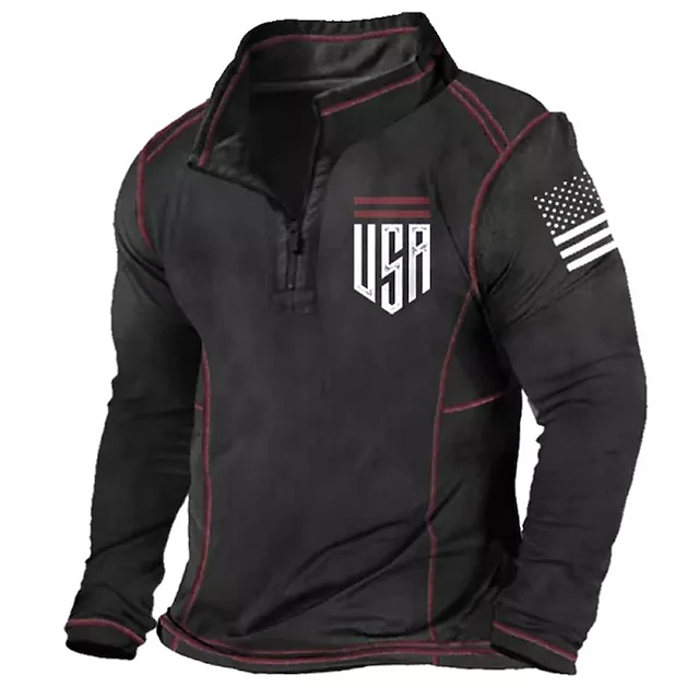 Men's Long Sleeve Quarter-Zip USA American Flag Patriotic Pullover Shirt 8