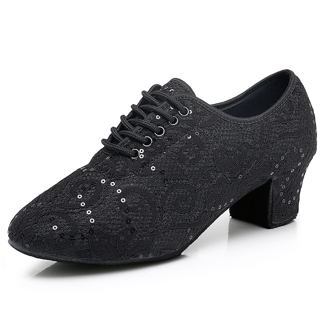  Women's Latin Dance Shoes Practice Trainning Dance Shoes Indoor Professional Softer Insole Sequins Low Heel Thick Heel Round Toe Lace-up Adults' Black White