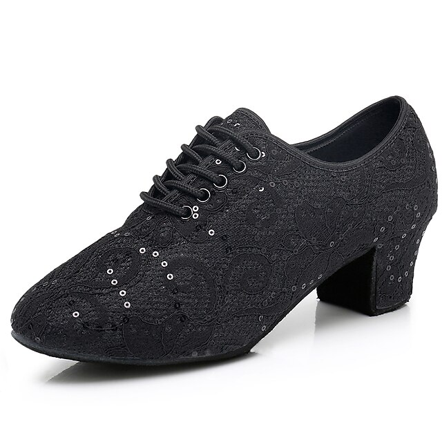 Women's Black Lace Dance Shoes with Mid Heel - Elegant Sequin Latin and ...