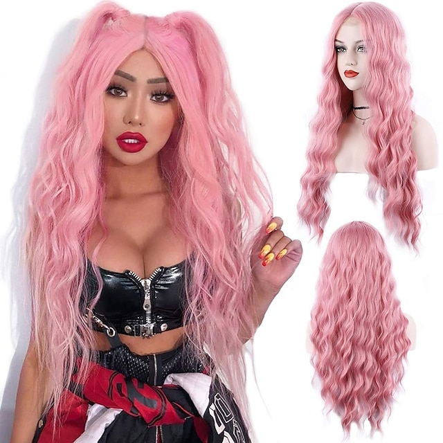  peluca rosa de 28 pulgadas de largo pelucas onduladas de color rosa para mujeres pelucas de reemplazo de cabello sintético peluca rosa claro cosplay de halloween fiesta diaria peluca de fibra