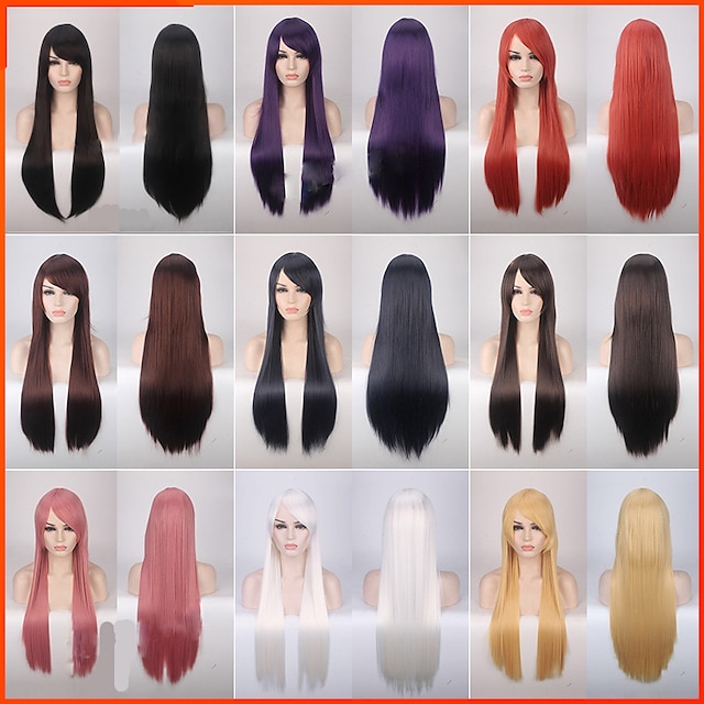  Peluca de disfraz de cosplay peluca de parte lateral recta 32 pulgadas pelo sintético 32 pulgadas mujeres anime cosplay creativo rosa rojo azul