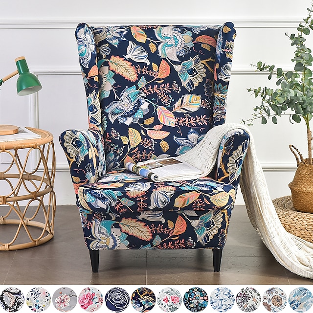  housse de chaise à oreilles spandex tissu housses de canapé fauteuil à oreilles avec un siège housse de coussin motif floral protecteur de meubles pour le salon