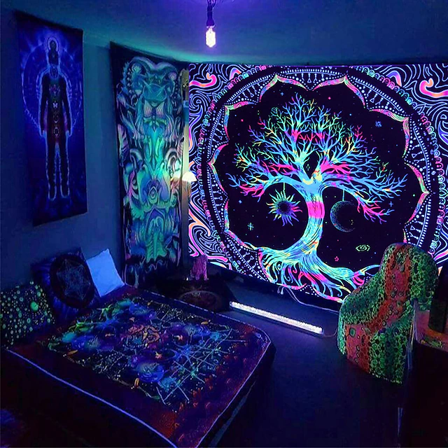 Blacklight Tapestry UV Reactive Glow in the Dark Glow Party Neon Tree of Life Psychedelic Trippy Misty Hanging Tapestry Wall Art Mural for Living Room Bedroom 18