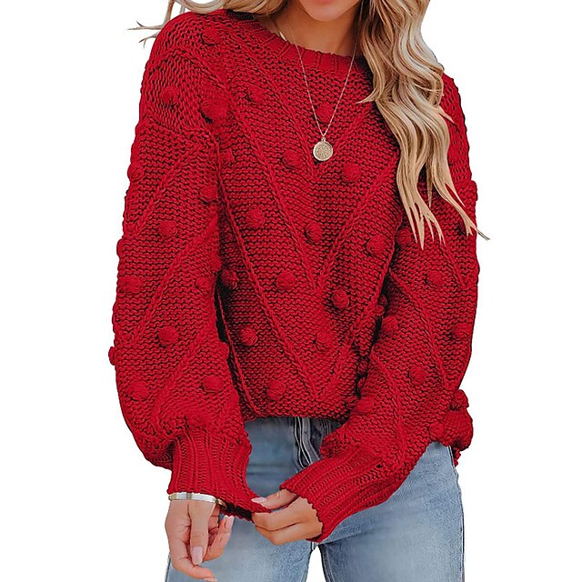  Women's Pullover Sweater Jumper Jumper Cable Knit Knitted Crew Neck Pure Color Outdoor Daily Stylish Casual Winter Fall Red Brown Green S M L