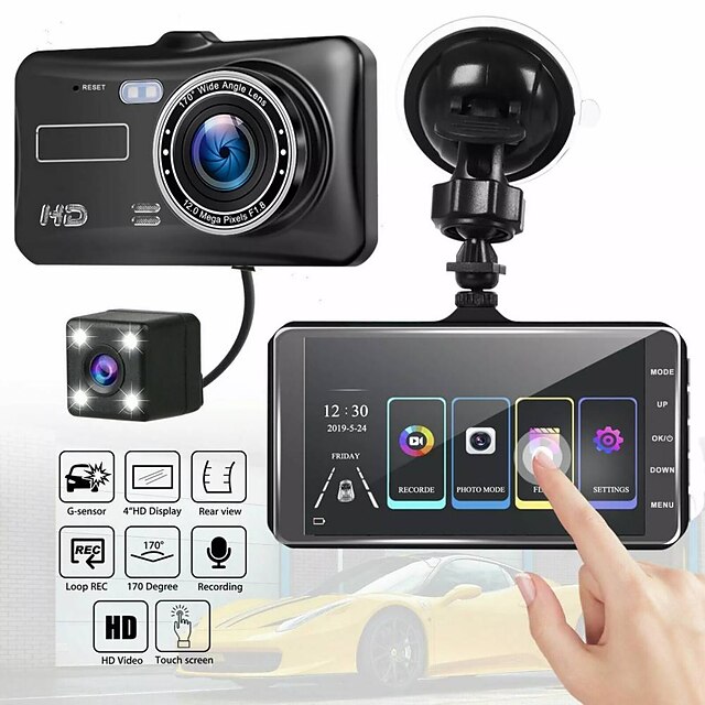  Dash Cam Driving Recorder 4 inch Touch Screen 1080P 170 Wide Angle Front Rear Car Camera G-Sensor Night Vision Motion Detection Parking Monitoring Uninterrupted Loop Recording