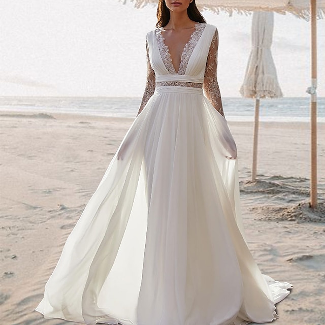  Beach Wedding Beach Open Back Boho Wedding Dresses A-Line V Neck Sleeveless Floor Length Chiffon Bridal Gowns With Pleats 2025