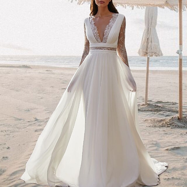 Beach Wedding Beach Open Back Boho Wedding Dresses A-Line V Neck Sleeveless Floor Length Chiffon Bridal Gowns With Pleats3