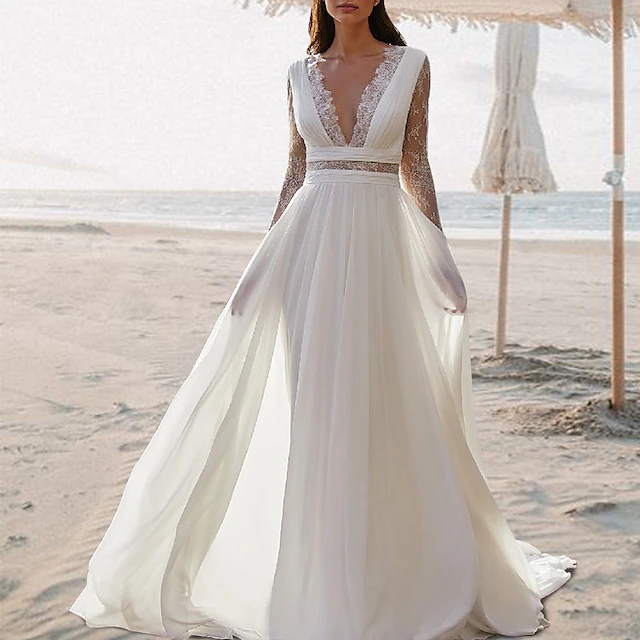 Beach Wedding Beach Open Back Boho Wedding Dresses A-Line V Neck Sleeveless Floor Length Chiffon Bridal Gowns With Pleats3