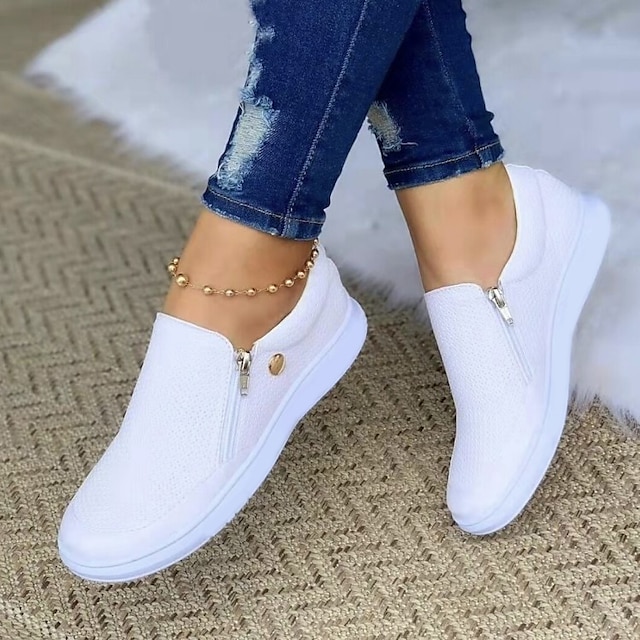  Women's Sneakers White Shoes Plus Size Slip-on Sneakers White Shoes Outdoor Daily Solid Color Flat Heel Round Toe Basic Casual Minimalism Walking Mesh Zipper Black White Gold