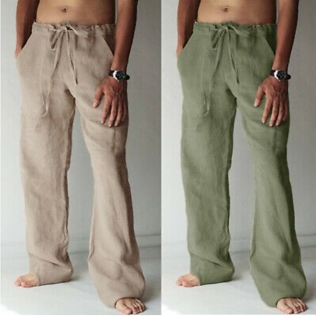  Men's Linen Pants Trousers Summer Pants Beach Pants Pocket Drawstring Elastic Waist Plain Daily Streetwear Linen / Cotton Blend Fashion Casual Black White