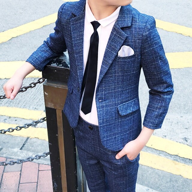  3-delig Ringdragerkostuums Jongens Kinderen Pak Formeel pak Kostuum en blazer Kledingset Feest Straat Stoer Zacht Ruitjes Marineblauw Donkergrijs Katoen