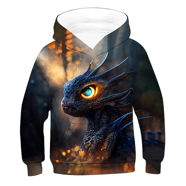  Kids Unisex Hoodie Long Sleeve 3D Print Dragon Graphic Animal Pocket Brown Children Tops Fall Winter Fashion Cool Daily Outdoor Regular Fit 3-12 Years