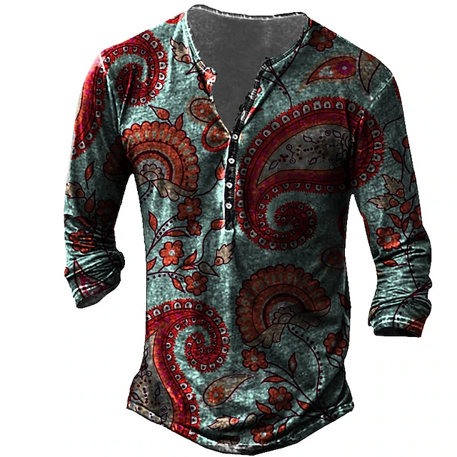 Men's Floral Graphic Tribal T shirt Henley Shirt Tee Long Sleeve 3D Print Designer Basic Classic Outdoor Daily Sports Spring & Summer Red Henley Henley T-Shirt2