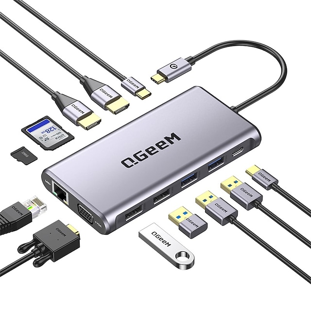  Qgeem USB-C-Dockingstation12-in-1-USB-C-Hub-Laptop-Dockingstation mit zwei Monitoren, USB-Typ-C-Dock mit drei Displays und 4K-Dual-HDMIGA100W-Pdethernet4usbsd/tf, kompatibel mit Macbook und Windows