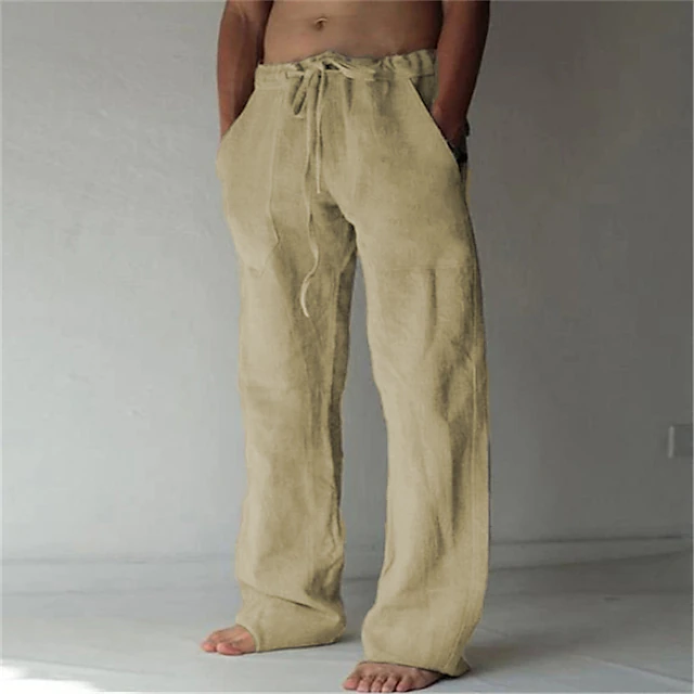 Men's Linen Pants Trousers Summer Pants Baggy Beach Pants Drawstring ...