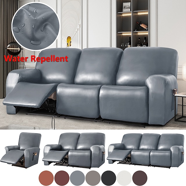  Capa de sofá reclinável à prova d'água de 3 lugares, couro pu, preto cinza, capa de sofá de alta elasticidade, almofada de 3 lugares, protetor de móveis reclináveis